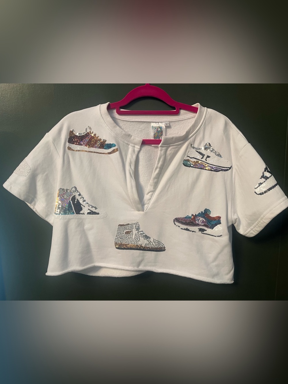 Queen of Sparkles White Sequin Sneaker Graphic Cropped Sweatshirt